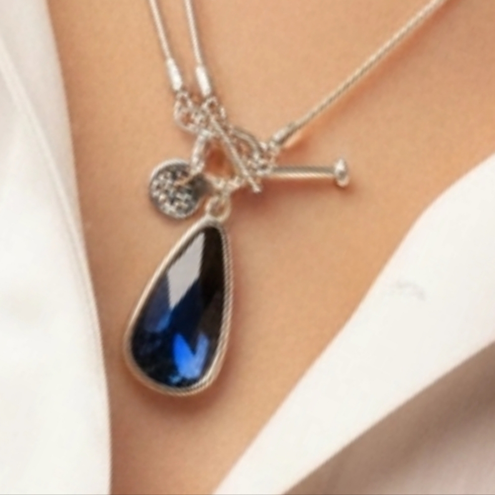 Burnished Silver Alloy 36" Opera Blue Crystal Talisman Pendant Necklace NEW